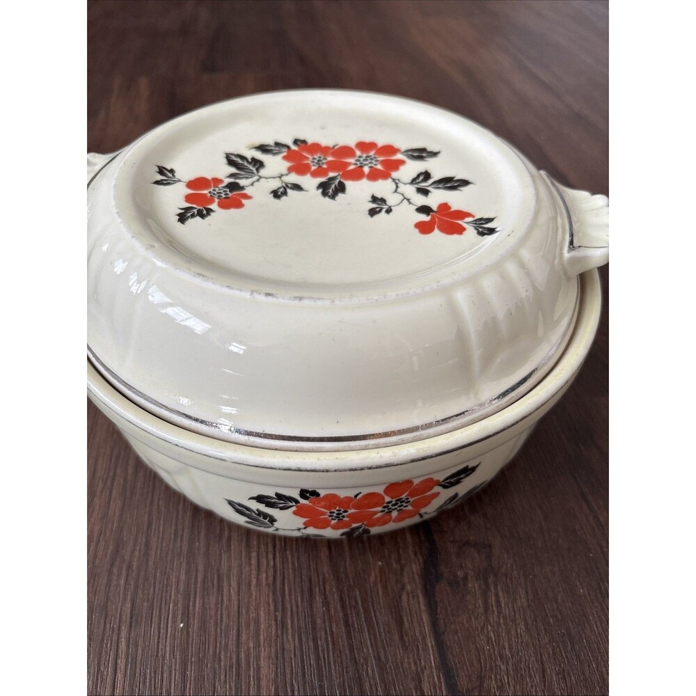 Vintage HALL Art Deco MCM  'Red Poppy' 8" Covered Casserole And Serve Dish 3pc